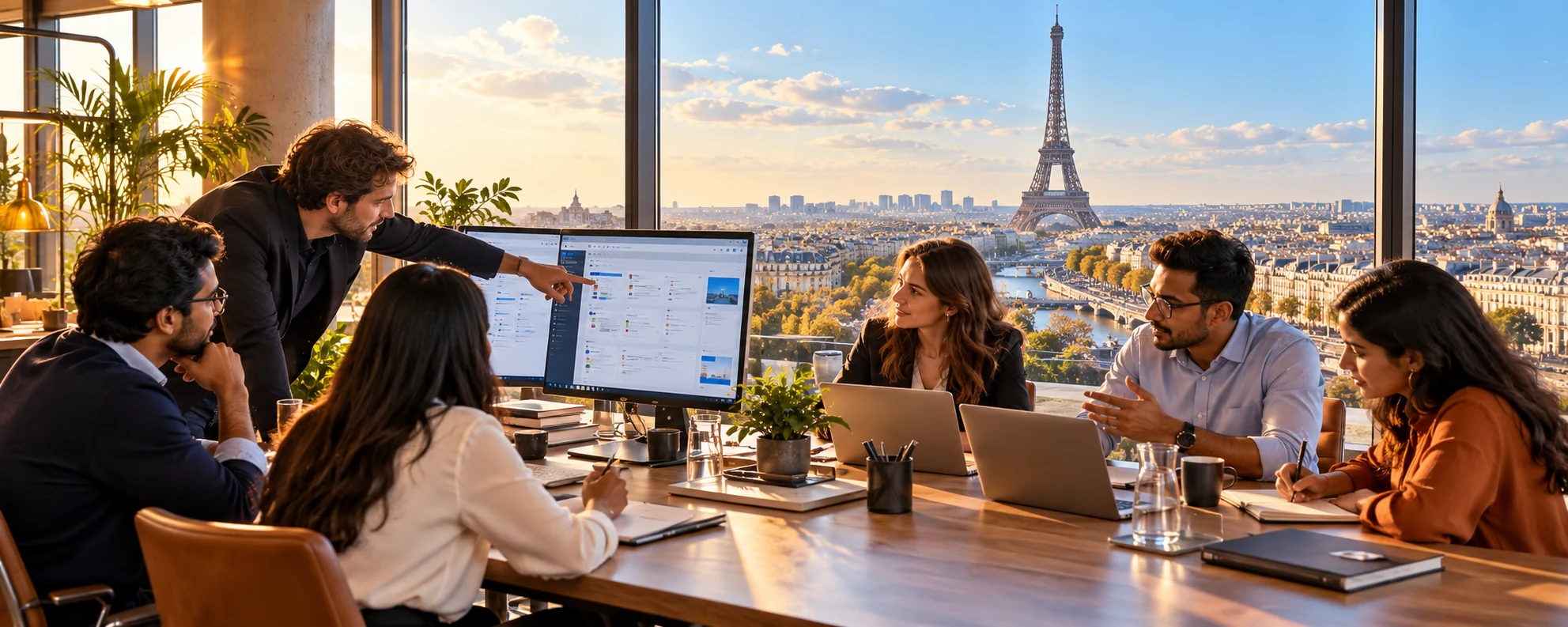 Illustration d’une équipe réunie autour d’un projet, avec la tour Eiffel en arrière-plan.